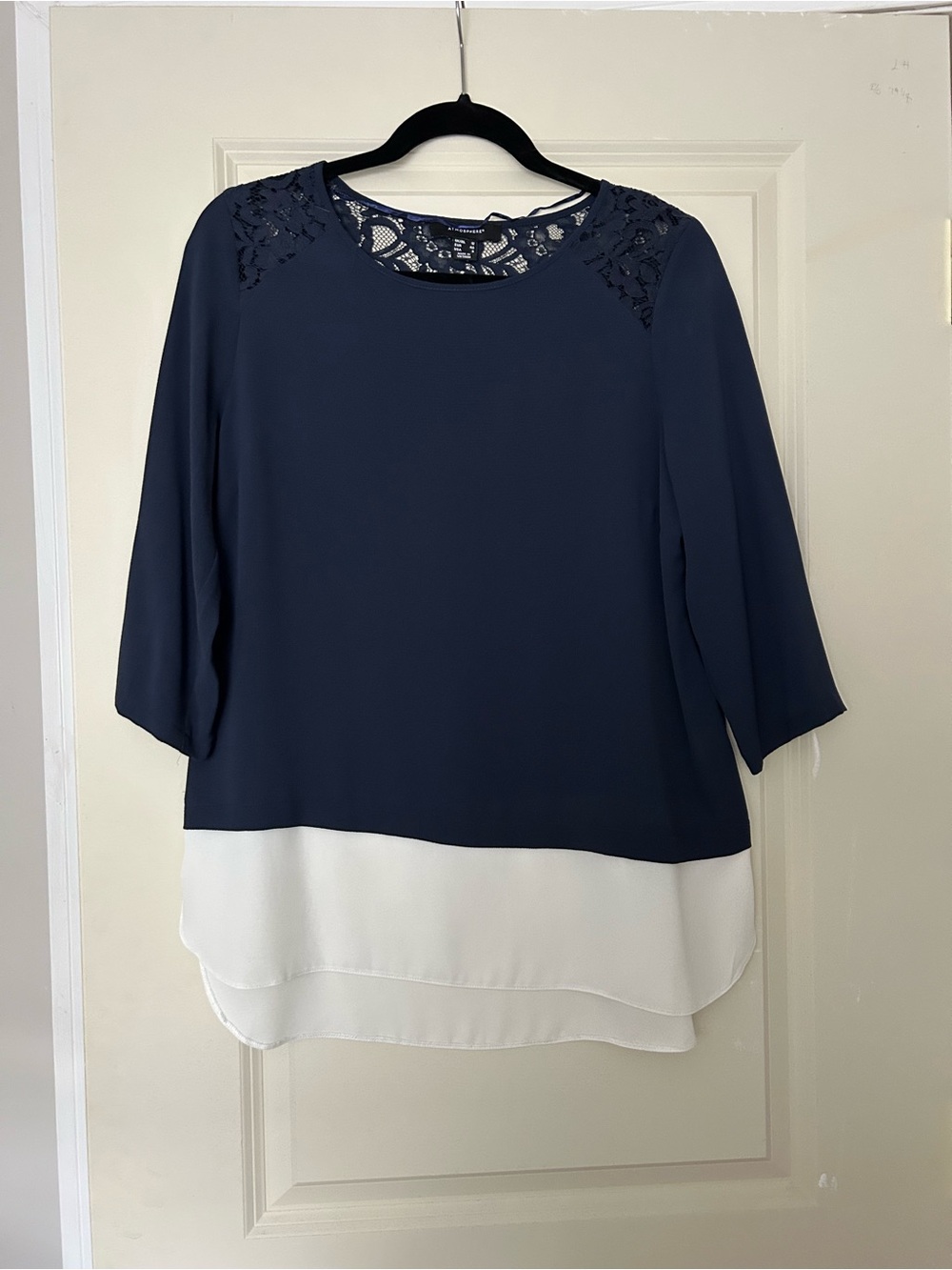 Atmosphere Navy and White Layered Tunic with Lace Shoulders